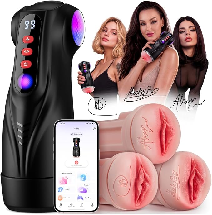 Sucking Male Masturbator Pocket Pussy 3 Pornstar Replica Sleeves | AI APP 9 Suction & 9 Vibration Modes Sex Toys for Men, Male Sex Toy Penis Pump Adult Toys Blowjob Sex Machine