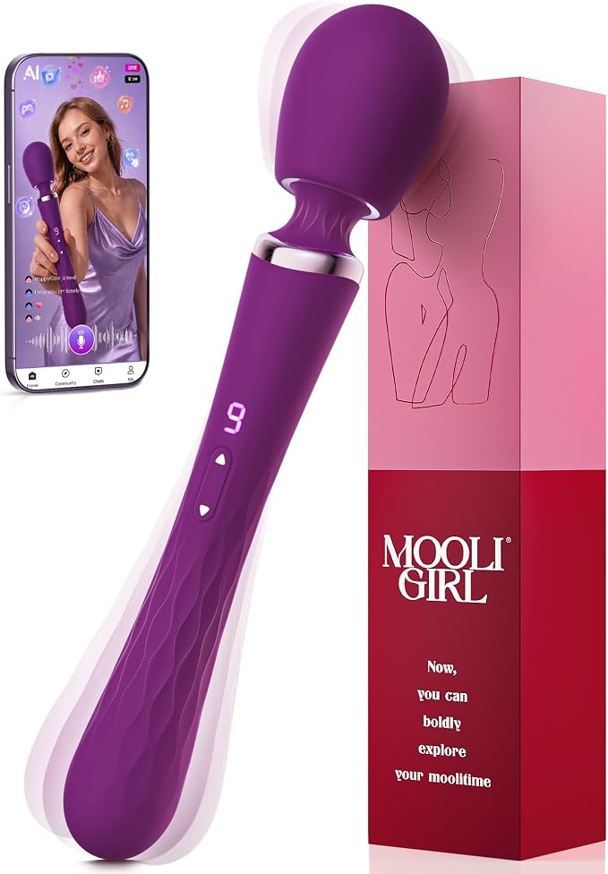 MOOLIGIRL Vibrator Wand, Dual-Ended Dildo Adult Sex Toy for Women & Couples | 9+9 Vibration Modes, App-Controlled & IPX7 Waterproof for Clitoral, Nipple & G-Spot Stimulation with Ticklers Whips - Purple