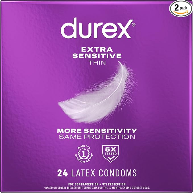 Durex Extra Sensitive Thin Condoms, Lubricated Latex Condoms for Men, 24 Count